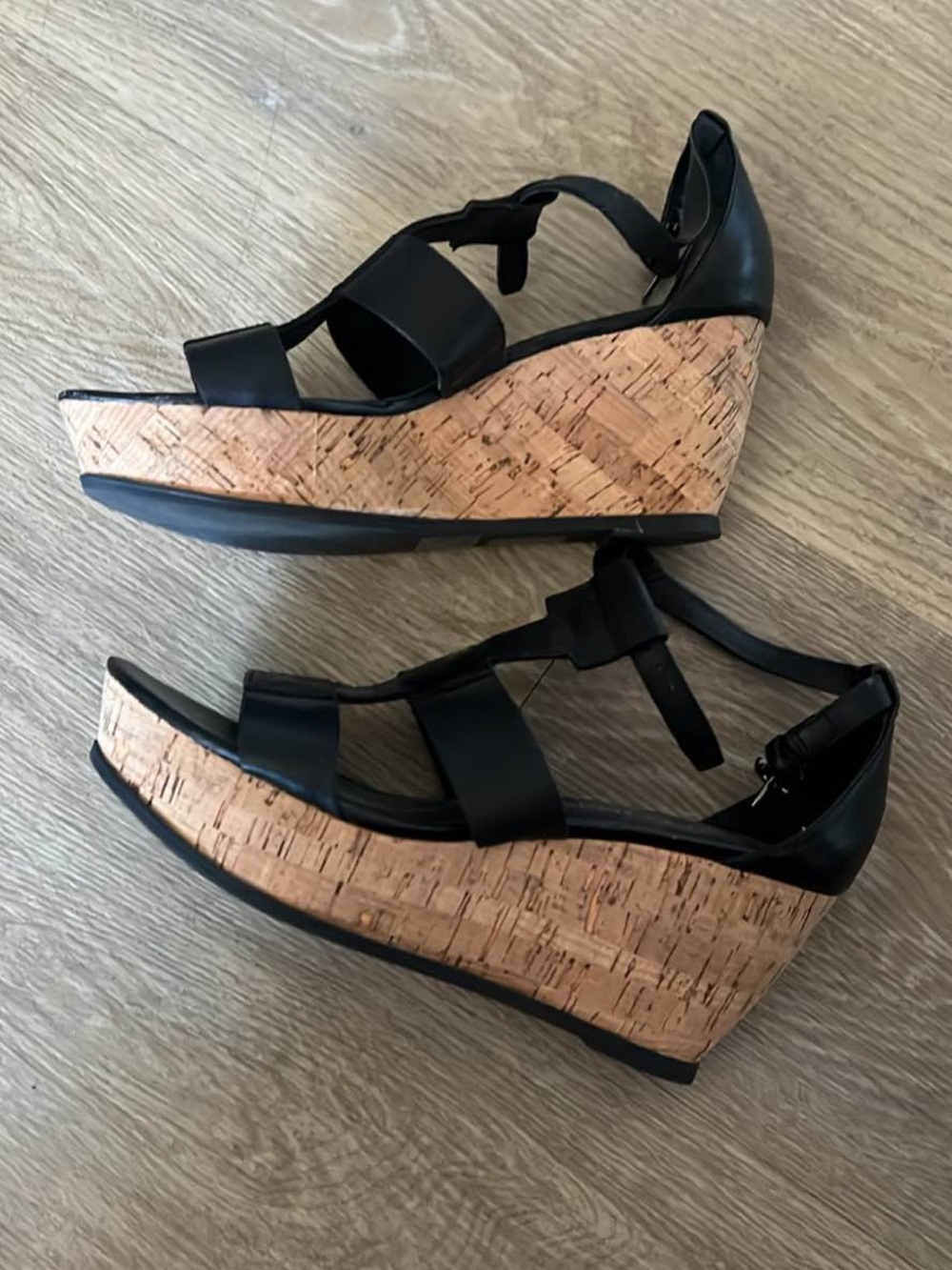 Franco Sarto Black Strappy Cork Wedge Sandals